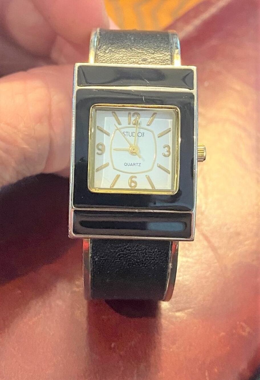 Women's Studio Time Watch, Gold Tone Bangle Bracelet, Black Case